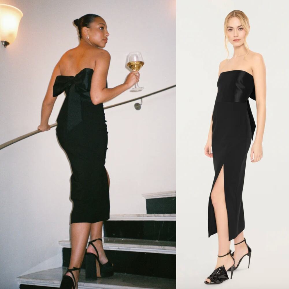 LIKELY | Valerie Dress in Black Strapless Midi Sheath with Bow 4